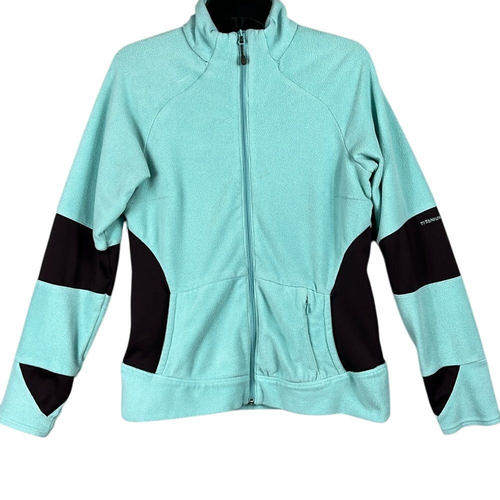 Columbia Titanium Fleece Jacket Full Zip Womens Size Medium Teal Brown Thumbhole